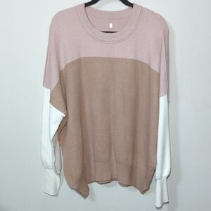 Colorblock Oversized Sweater Pink Ivory Tan Rib Knit Crewneck Women's Size L